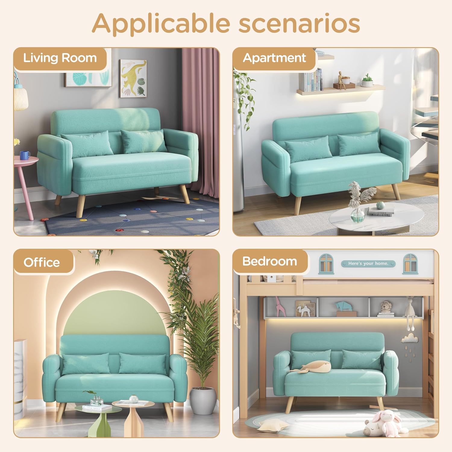 Yaheetech 46' Small Modern Fabric Sofa Loveseat Mid Century 2 Seater Sofa Couch with Lumbar Pillows, Solid Wood Legs for Living Room, Small Space, Dorm, Office, Bedroom, Aquamarine