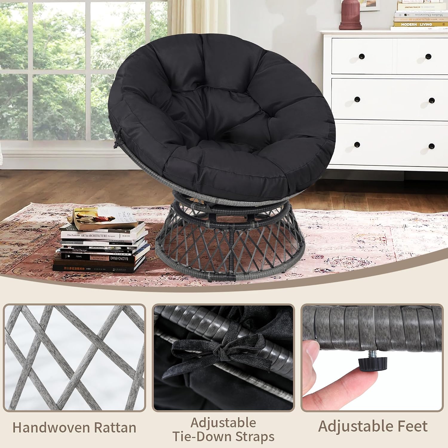 KROFEM 40' Ergonomic Wicker Papasan Chair, 360° Swivel Indoor Outdoor Rattan Chair with Soft Thick Cushion, Ideal for Living Room, Bedroom, Reading Room, Grey Frame with Black Cushion
