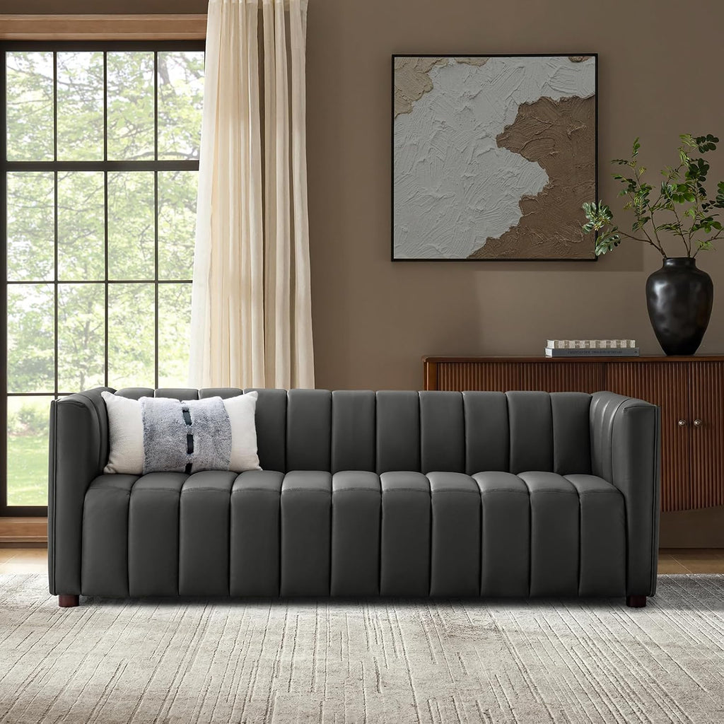 HULALA HOME 83' Genuine Leather Sofa with Channel Tufted Design, 3-Seater Sofa for Living Room Bedroom, Modern Oversized Couch with Wood Legs, Charcoal