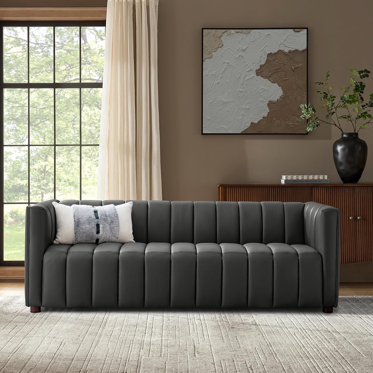 HULALA HOME 83' Genuine Leather Sofa with Channel Tufted Design, 3-Seater Sofa for Living Room Bedroom, Modern Oversized Couch with Wood Legs, Charcoal