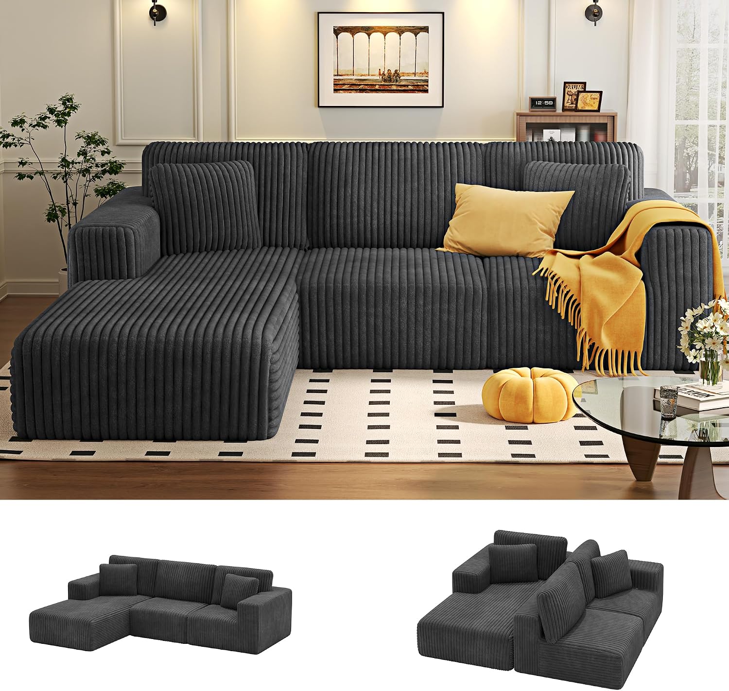 KINGYES 107'' Modular Sectional Sofa, L Shaped Cloud Couch for Living Room, Modern Plush Corduroy Boneless Sofa with Chaise for Bedroom, Gray