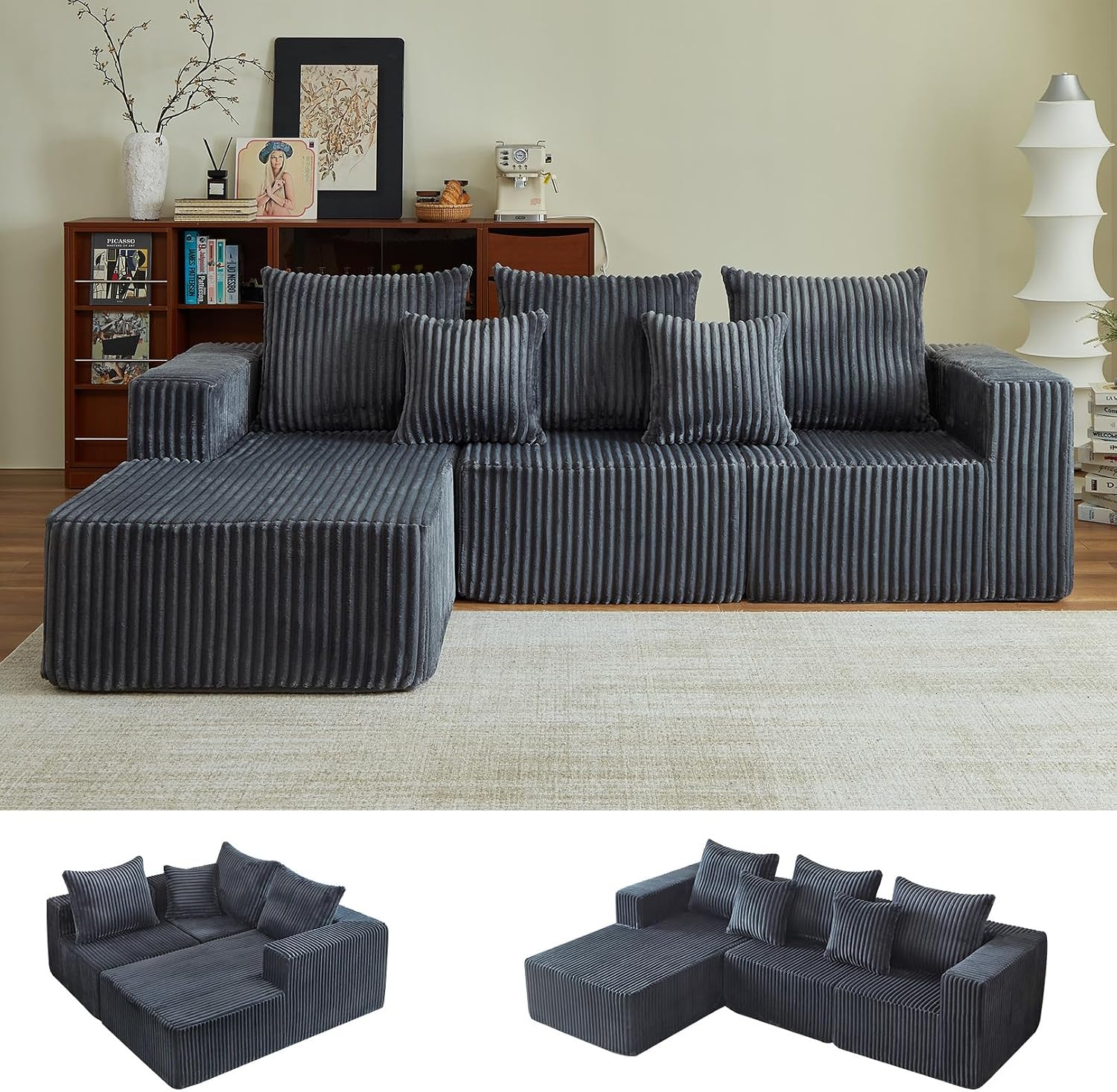 Boneless Couch for Living Room-102 Cloud Couch with Deep Seat,L-Shaped Comfy Sofa for Bedroom,Compressed Sofa in a Box,No Assembly Required(Corduroy,Grey)