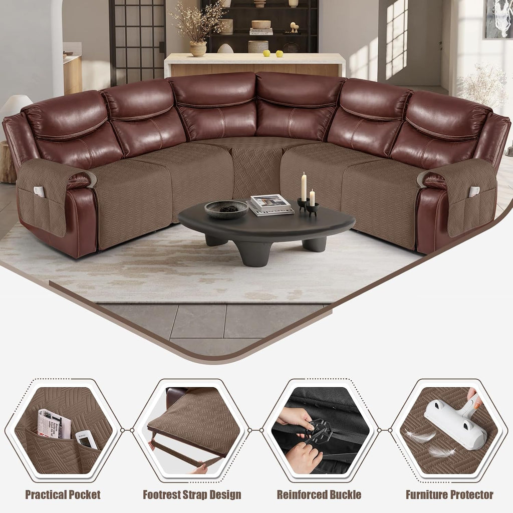 KinCam Waterproof Recliner Sectional Couch Covers, Oversized Reclining Sofa Covers for L Shape Couch, Non Slip Couch Cover for Sofa Washable Slipcover (5 Seat Recliner Cover, Brown)
