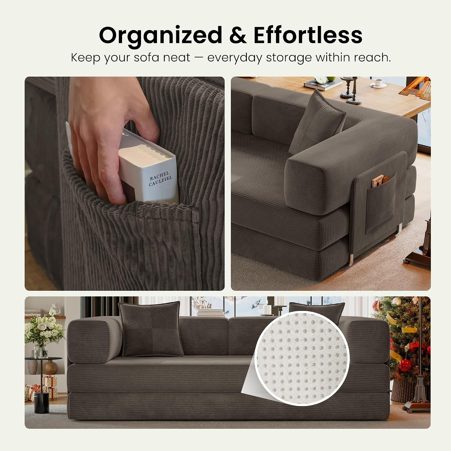 78.8' Convertible Futon Sofa Bed,Corduroy Futon Couch with Storage Pocket,Folding Pull Out Sofa,No Assembly Boneless Couch for Living Room,Brown