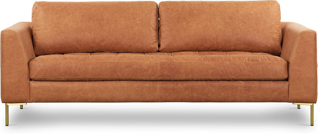 Poly & BARK Calle 90' Sofa, Full-Grain Pure-Aniline Italian Leather, Cognac Tan, Brass Legs