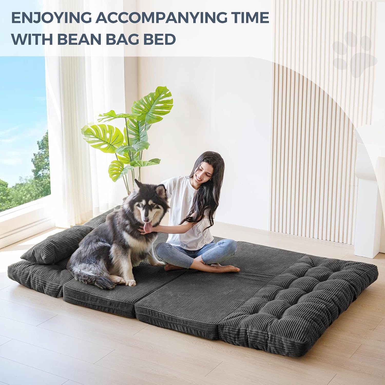 MAXYOYO Folding Sofa Bed, Tufted Bean Bag Bed with Pillows Floor Mattress for Adults, Extra Thick and Long Floor Sofa, Full Couch for Bedroom Living Room, Dark Grey, 54x91 Inch