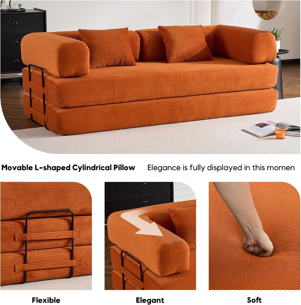 ZEIINPA Convertible Folding Couch Bed, Comfy Corduroy Sleeper Floor Sofa Bed with Fixed-Shape Frame, Floor Sofa with Armrest, Lounge Couch for Living Room Bedroom Lounge Studio, Orange