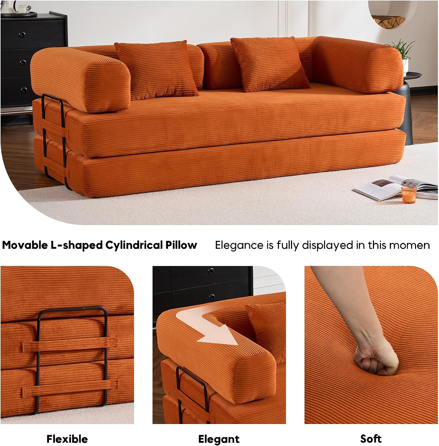 ZEIINPA Convertible Folding Couch Bed, Comfy Corduroy Sleeper Floor Sofa Bed with Fixed-Shape Frame, Floor Sofa with Armrest, Lounge Couch for Living Room Bedroom Lounge Studio, Orange
