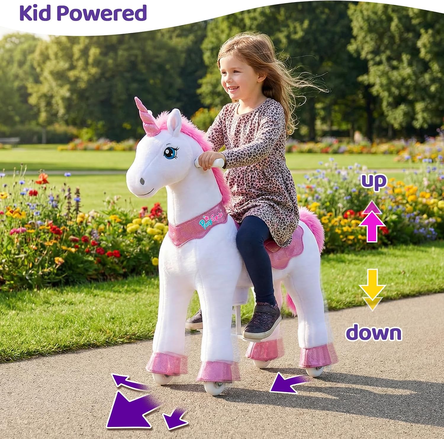 PonyCycle Ride on Unicorn Ride on Toys for Girls Riding Pink Unicorn Rocking Horse No Battery Required(with Brake/ 30' Height/Size 3 for Age 3-4) Ride-on Animals Plush Pony Toys E312