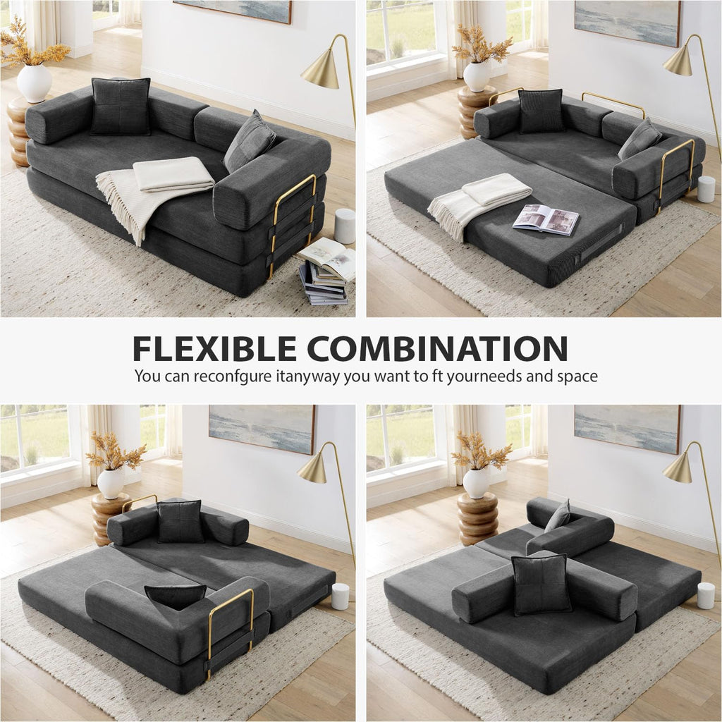 4-in-1 Folding Convertible Sofa Bed, 78 Inch Boneless Couch with Fixed-Shape Frame, Corduroy Loveseat Sleeper with Pull Out Bed, Floor Sofa Modular Futon Couch for Living Room Bedroom Lounge (Grey)