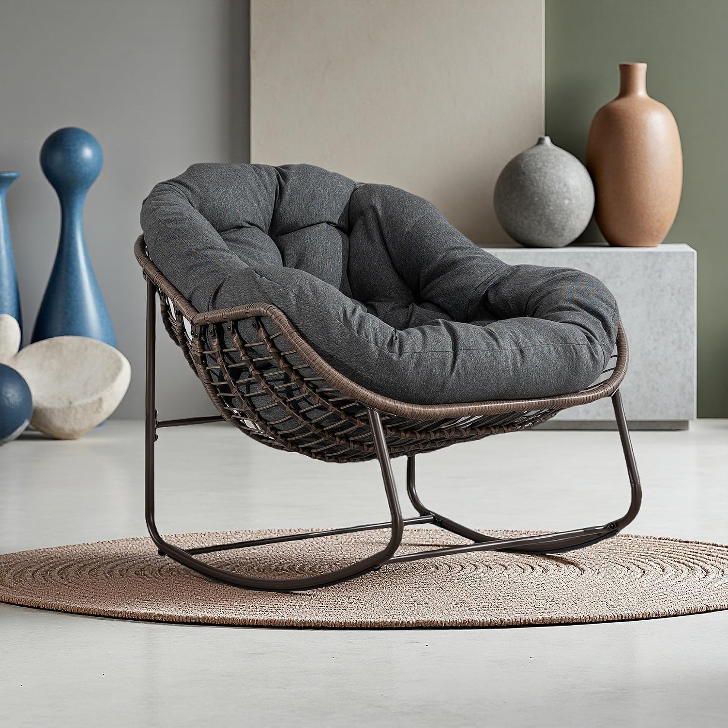 Oversized Papasan Rocking Chair, Indoor & Outdoor Egg Rocker with All-Weather Hand-Woven Rattan & Rust-Proof Steel Frame for Porch, Patio, Living Room (Linen-Like, Dark Grey)