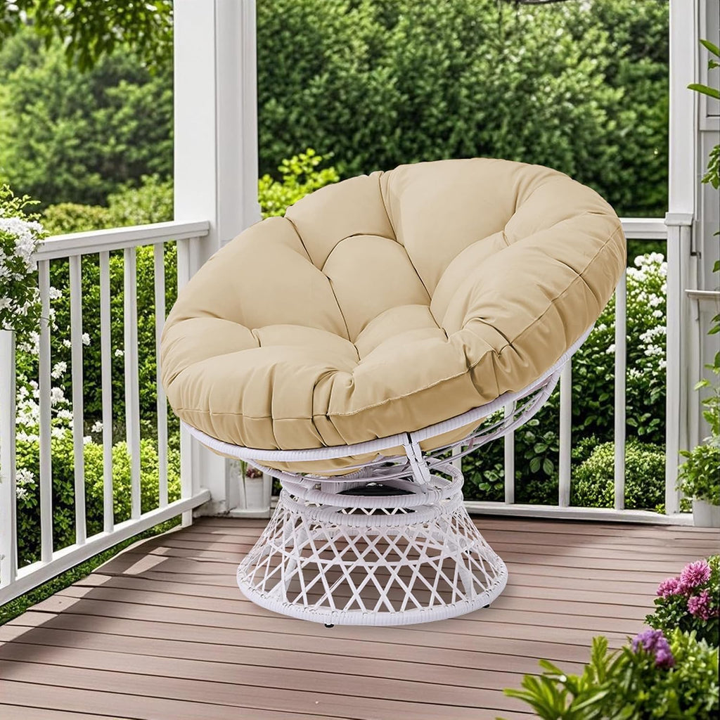 GLORY PATIO 360° Swivel Papasan Chair - 350lbs Capacity Indoor/Outdoor Wicker Lounge Chair with Thick Cushion, Modern Accent Chair for Living Room, Bedroom, Patio (White Frame & Khaki Cushion)