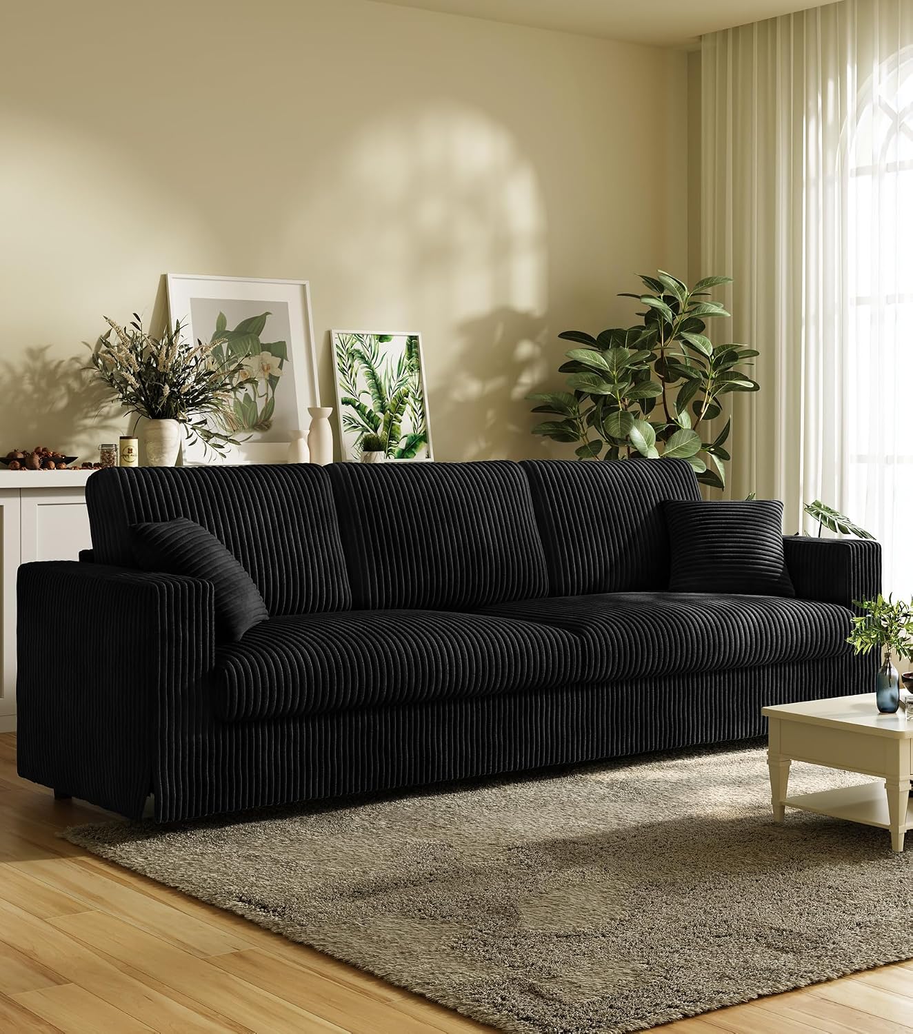 Welzona Corduroy Sofa Couch, 101' Comfy Couches for Living Room, Black | 24' Extra Deep Seat, Tool-Free Sofas, All-Wood Loveseat, 2 Pillows Included, 850lbs Load-bearing
