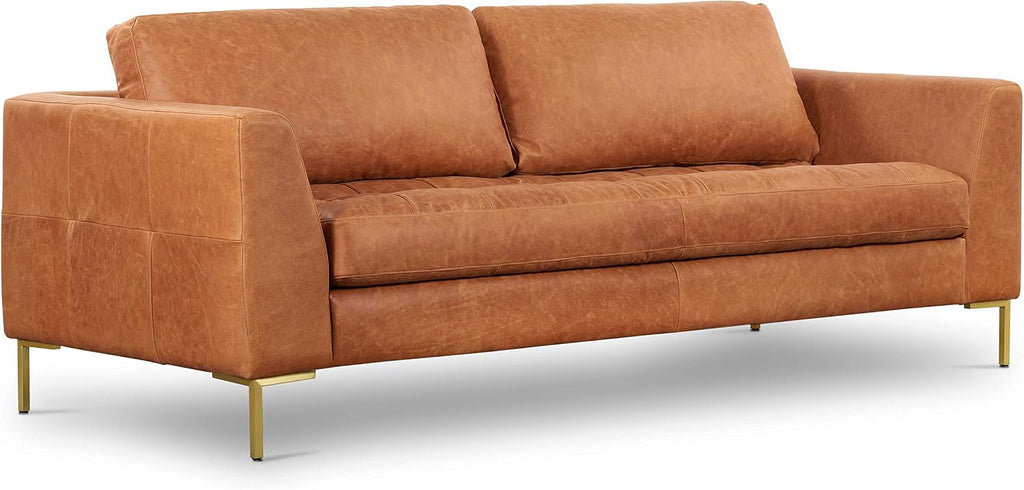 Poly & BARK Calle 90' Sofa, Full-Grain Pure-Aniline Italian Leather, Cognac Tan, Brass Legs