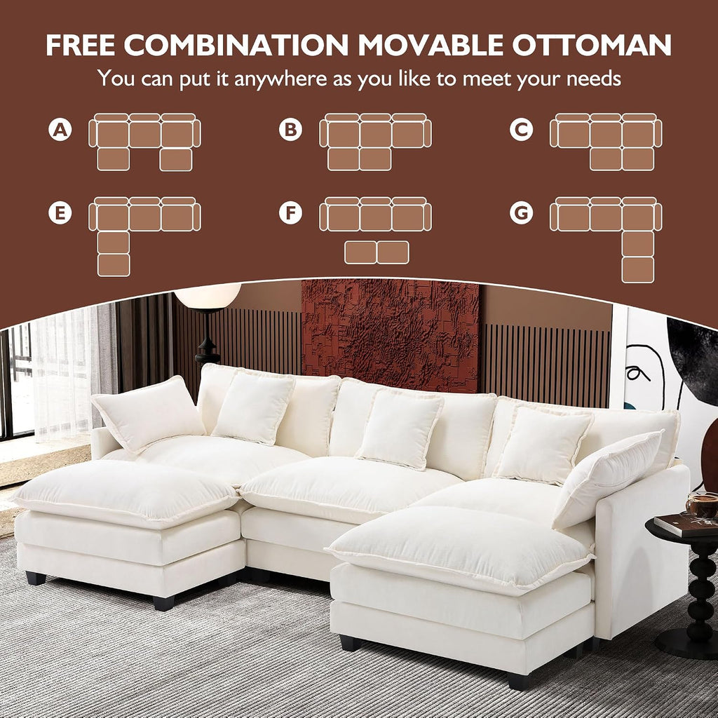 Ihanherry 111.4' U Shaped Cloud Couch Modern Modular Sectional Sofa with 2 Ottoman, 5-Seat Chenille Deep Seat Sofa with 5 Pillows for Living Room, Bedroom and Apartment, Beige