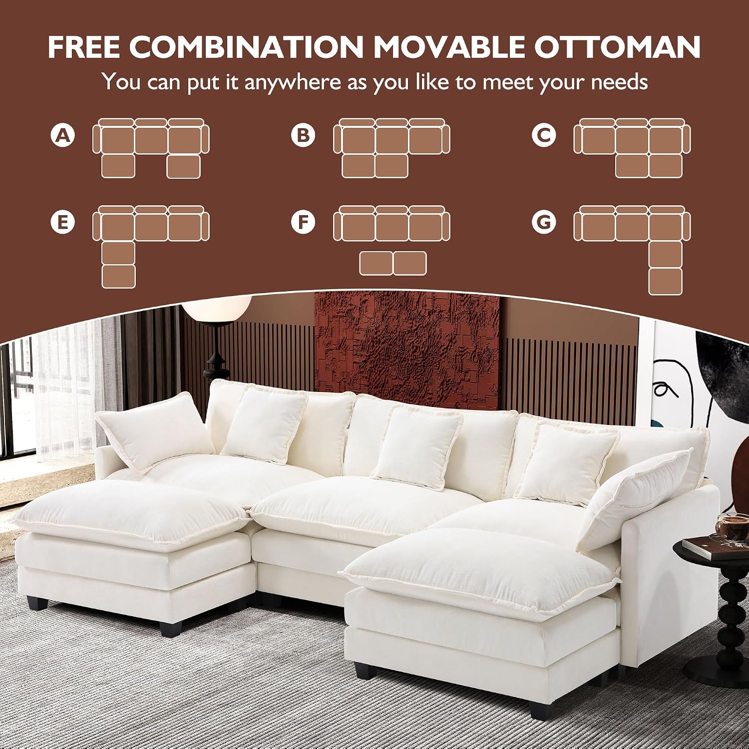 Ihanherry 111.4' U Shaped Cloud Couch Modern Modular Sectional Sofa with 2 Ottoman, 5-Seat Chenille Deep Seat Sofa with 5 Pillows for Living Room, Bedroom and Apartment, Beige