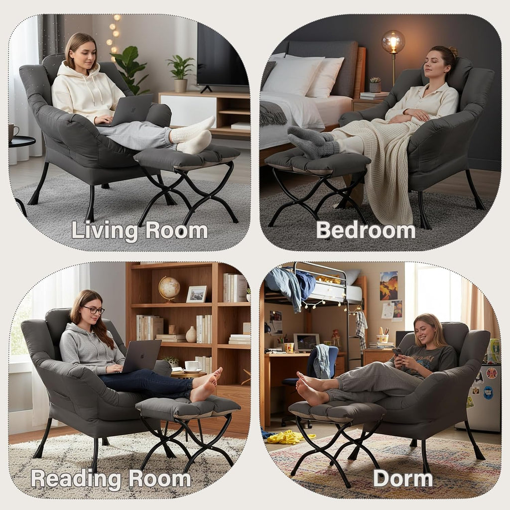 MBOOYOME Lazy Chair with Ottoman, Modern Accent Lounge Armchair with Armrests and a Side Pocket & Foldable Footstool, Leisure Reading Chair for Living Room, Bedroom, Dorm & Office, Dark Grey