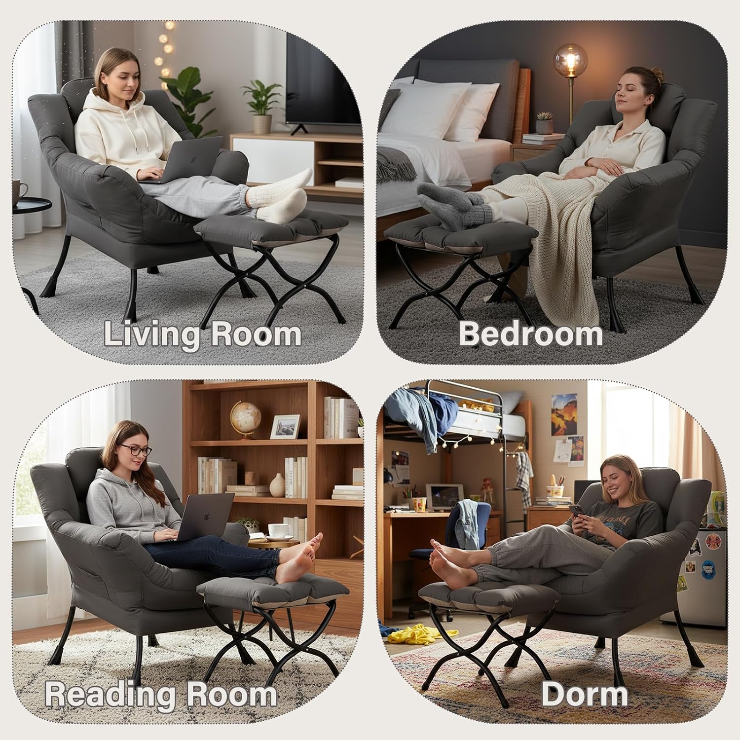 MBOOYOME Lazy Chair with Ottoman, Modern Accent Lounge Armchair with Armrests and a Side Pocket & Foldable Footstool, Leisure Reading Chair for Living Room, Bedroom, Dorm & Office, Dark Grey