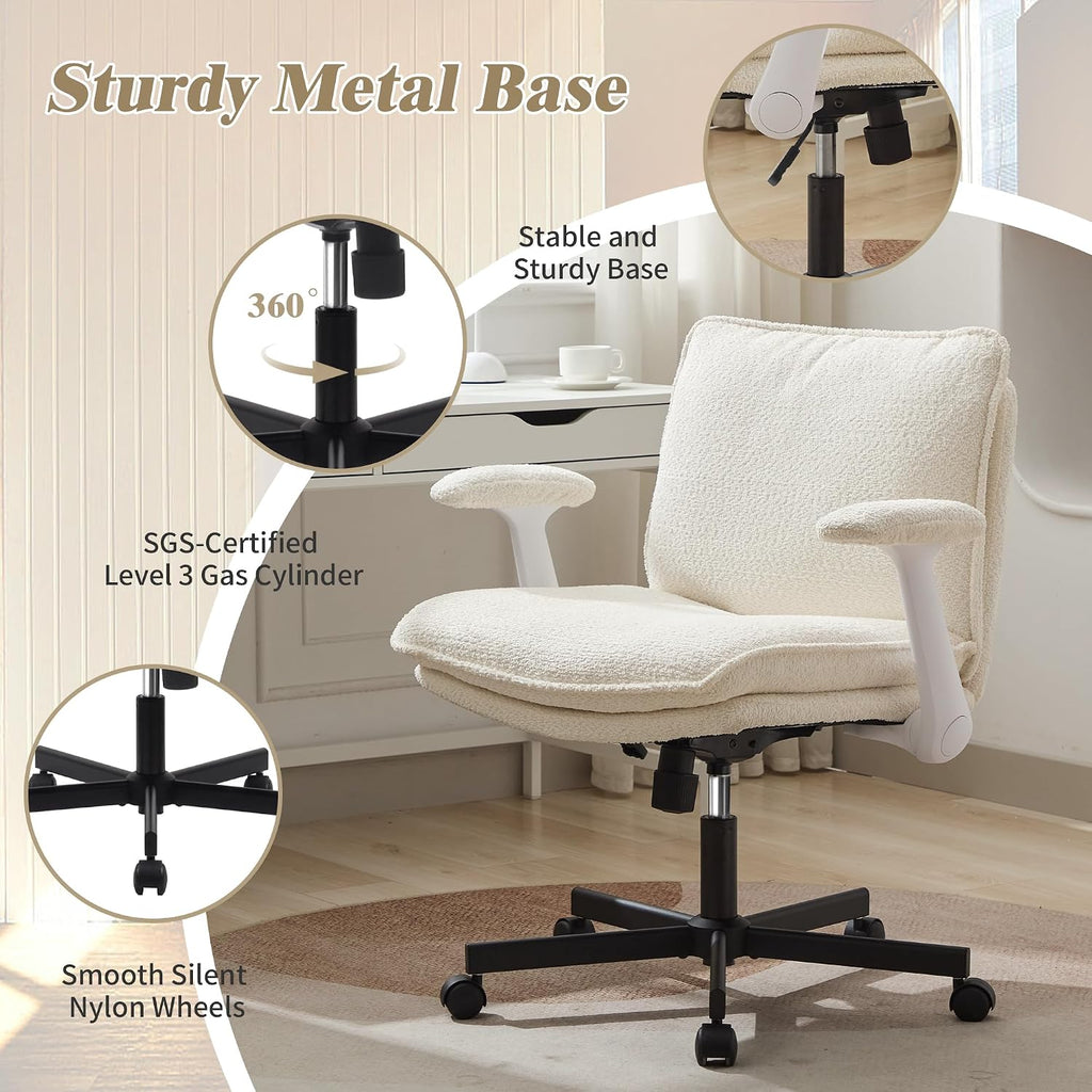 Kassipo Criss Cross Legged Office Chair with Wheels and Flip-Up Arms, Upholstered Criss Cross Desk Chair, Wide Seat Chairs for Home Office, Vanity, Apartment, Beige
