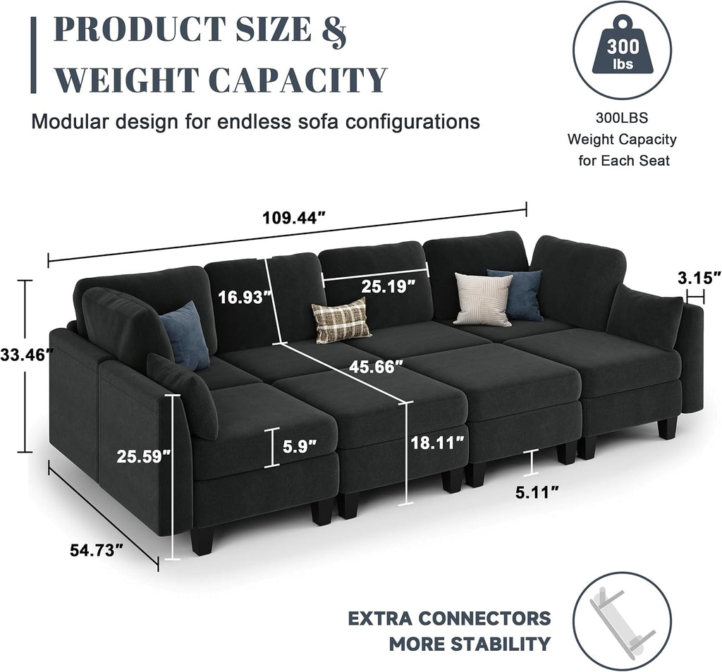 Sectional Sleeper Sofa, 8 Seaters Modular Sleeper Sofa Couch, Comfy Sectionals Couches Bed, Convertible Sofas with Ottomans, Modular Sectional Couches for Living Room, Black