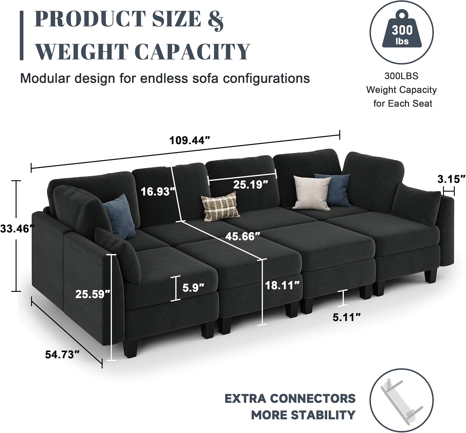 Sectional Sleeper Sofa, 8 Seaters Modular Sleeper Sofa Couch, Comfy Sectionals Couches Bed, Convertible Sofas with Ottomans, Modular Sectional Couches for Living Room, Black