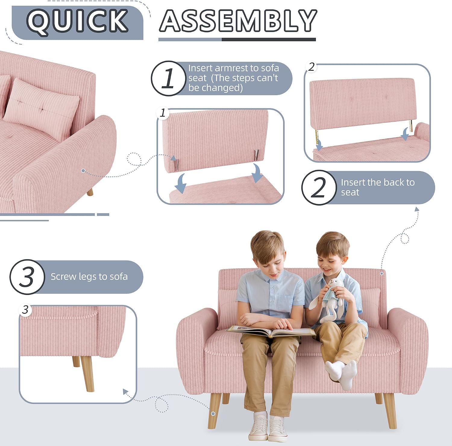 Shintenchi 48'' Loveseat Sofa, Mid-Century Modern Upholstered Couch Deep Seat with 2 Pillows, 10' Thick Cushion with Spring, Solid Wood Frame Small Couch for Living Room, Bedroom, Dorms & Office, Pink