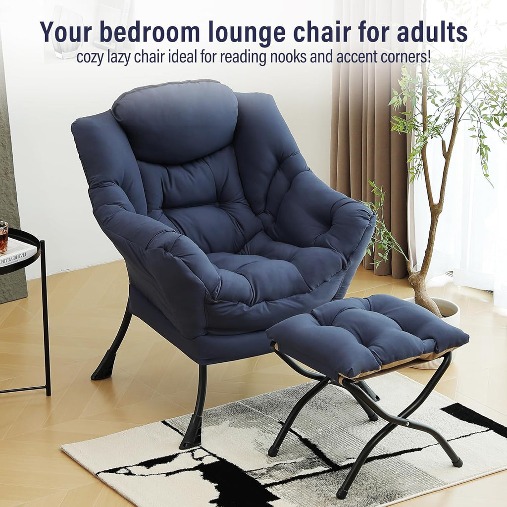 Furlide Lazy Chair with Ottoman, Modern Accent Chairs with Folding Footrest, Navy Blue Sofa Chair Set, Comfortable Reading Chairs, Oversized Armchairs for Bedroom, Study, Living Room, Courtyard