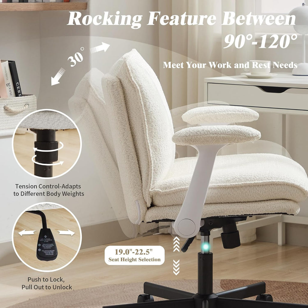 Kassipo Criss Cross Legged Office Chair with Wheels and Flip-Up Arms, Upholstered Criss Cross Desk Chair, Wide Seat Chairs for Home Office, Vanity, Apartment, Beige
