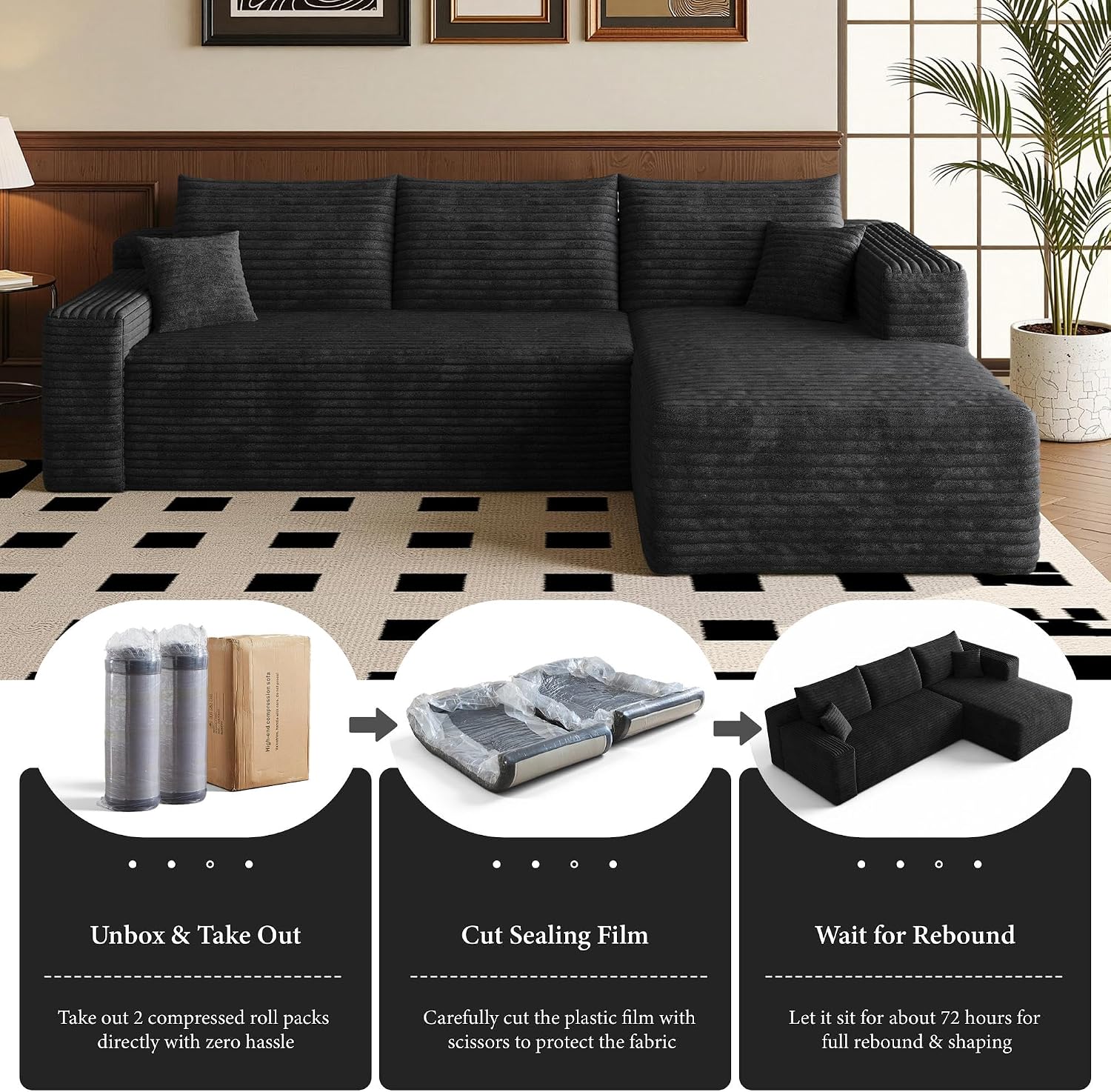 96''Sectional Couches for Living Room,Modern Modular Sectional Sofa,Upholstered Boneless Couch Comfy Cloud Couch with L Shaped Chaise (Black, Upgrade-96''W Right Facing Chaise)