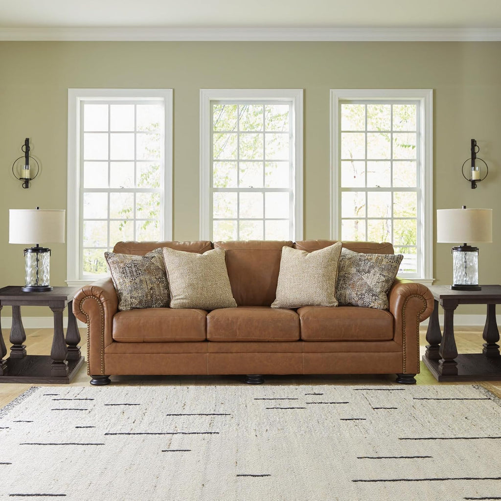 Signature Design by Ashley Carianna Classic 2-in-1 Leather Match Sofa Sleeper with Folding Gel Memory Foam Mattress and Nailhead Trim, Queen, Dark Brown