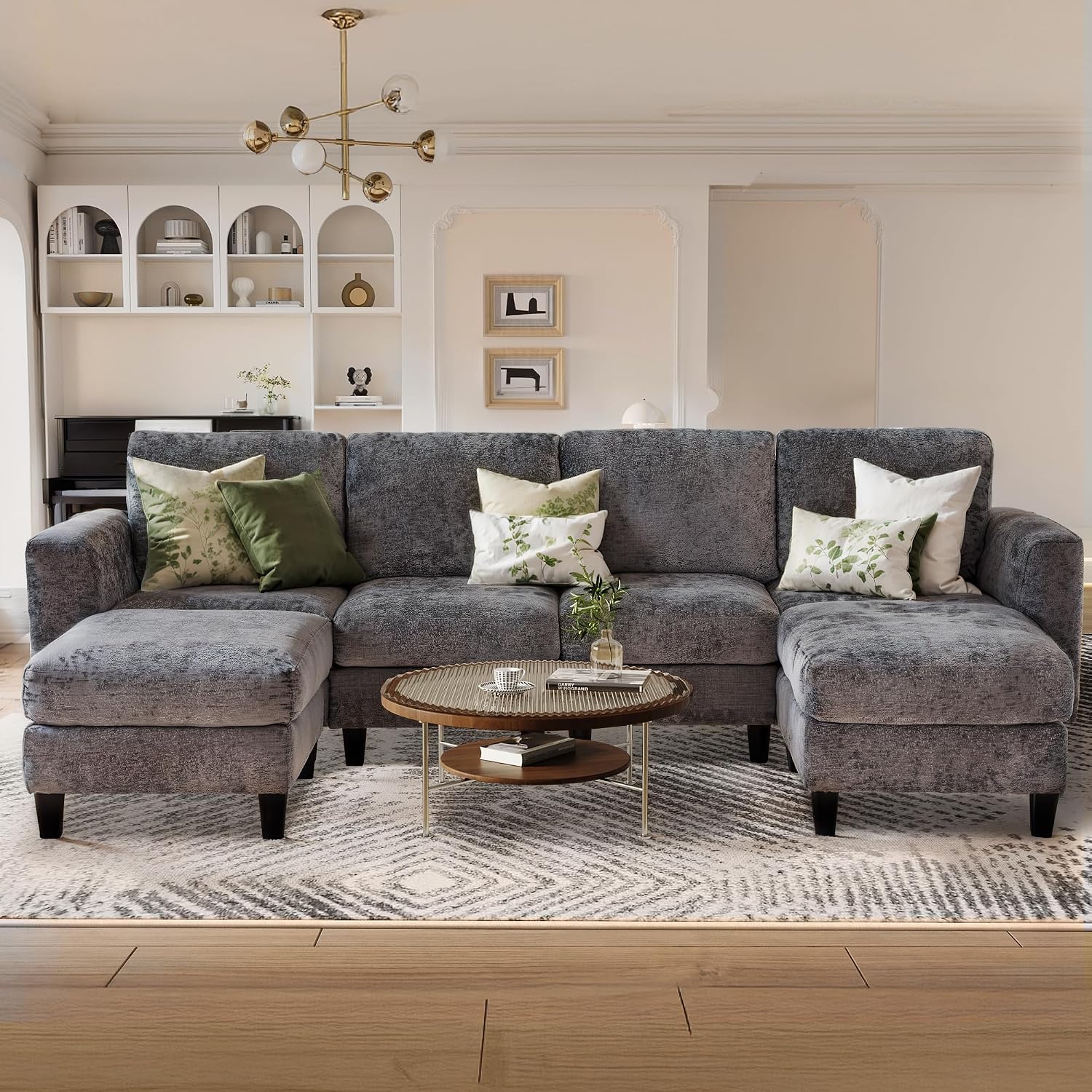 MALOL 118' Sectional U-Shaped Cloud Couch, Modular Modern 4-Seat Sofa, with USB Type C Ports, Foldable Side Table and 2 Ottomans, for Home Living Room, Grey