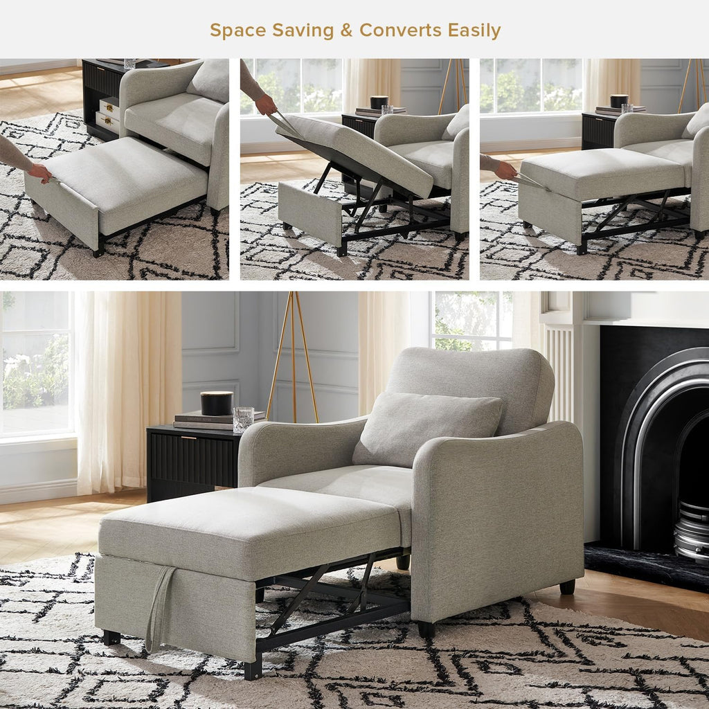 mopio Sophie 4-in-1 Convertible Sleeper Chair Bed, Accent Chair, Chaise Lounge, Comfy Reading Armchair, Pull Out Sofa Bed with Adjustable Backrest for Living Room, Bedroom (Light Gray Fabric)