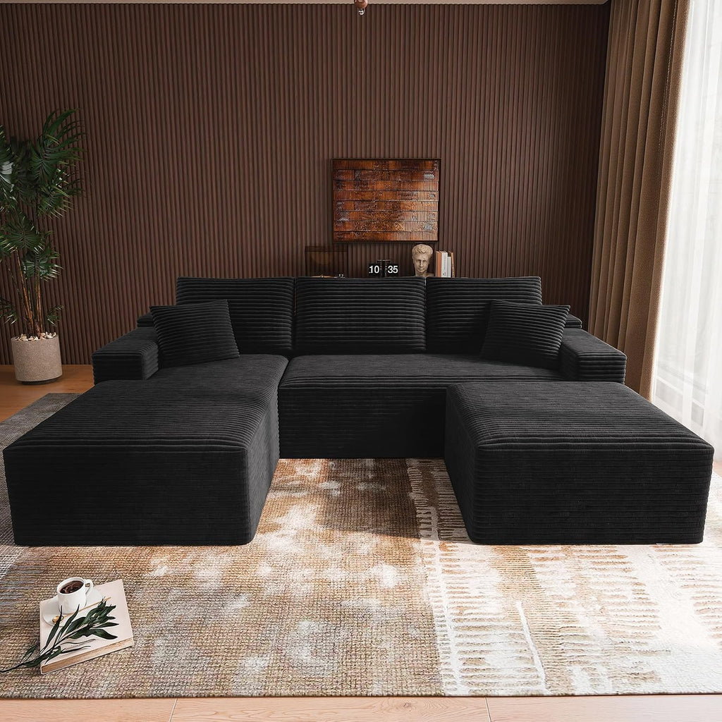 3-Piece Boneless Modular Sectional Sofa, Cloud Couch, Left Facing Chaise with Ottoman, Oversized Deep Seat, Soft Corduroy Fabric, Sectional Couch for Living Room-Black