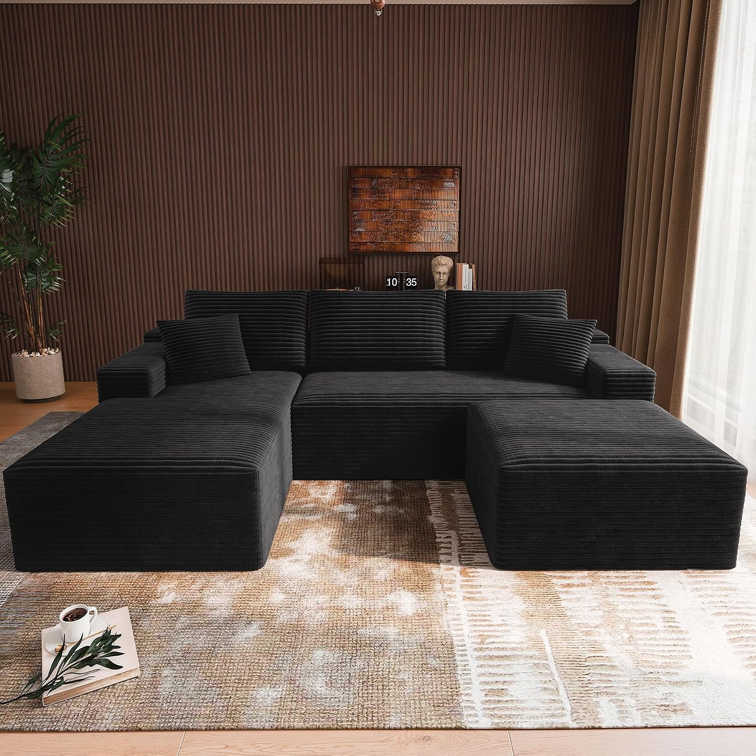3-Piece Boneless Modular Sectional Sofa, Cloud Couch, Left Facing Chaise with Ottoman, Oversized Deep Seat, Soft Corduroy Fabric, Sectional Couch for Living Room-Black