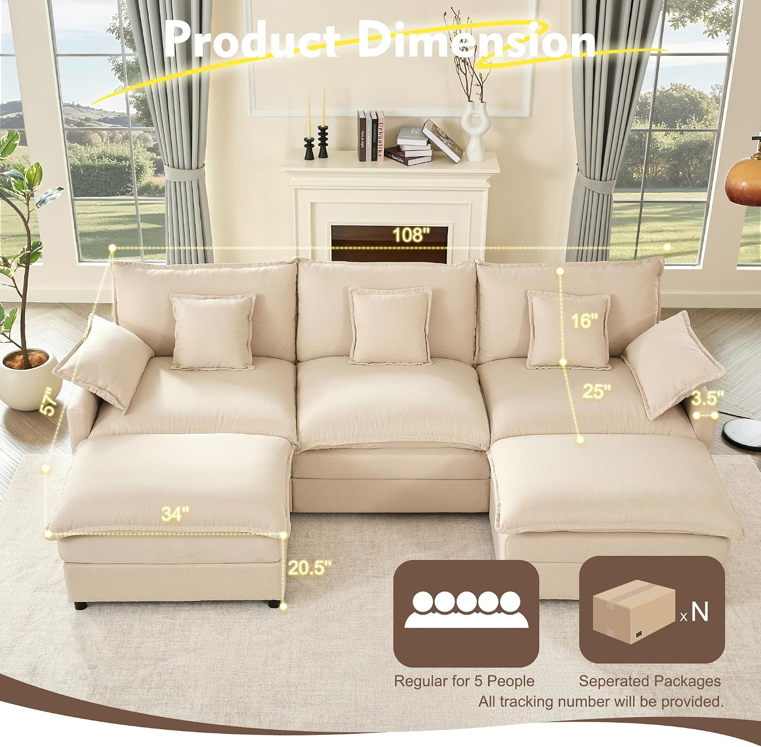 GOSUHI 108' U Shaped Couch, Modular Sectional Sofa, 3-Seater Comfy Cloud Couch, Set of Modular Pieces with Movable Ottoman, Deep Seat Couches for Living Room, Linen, Beige
