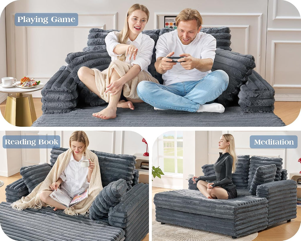 VanAcc 58 Inch Chaise Lounge Indoor, Plush Sleeper Chair with Throw Pillows, Upholstered Sofa Bed with Armrests, Plush Chair Bed for Living Room(Grey)