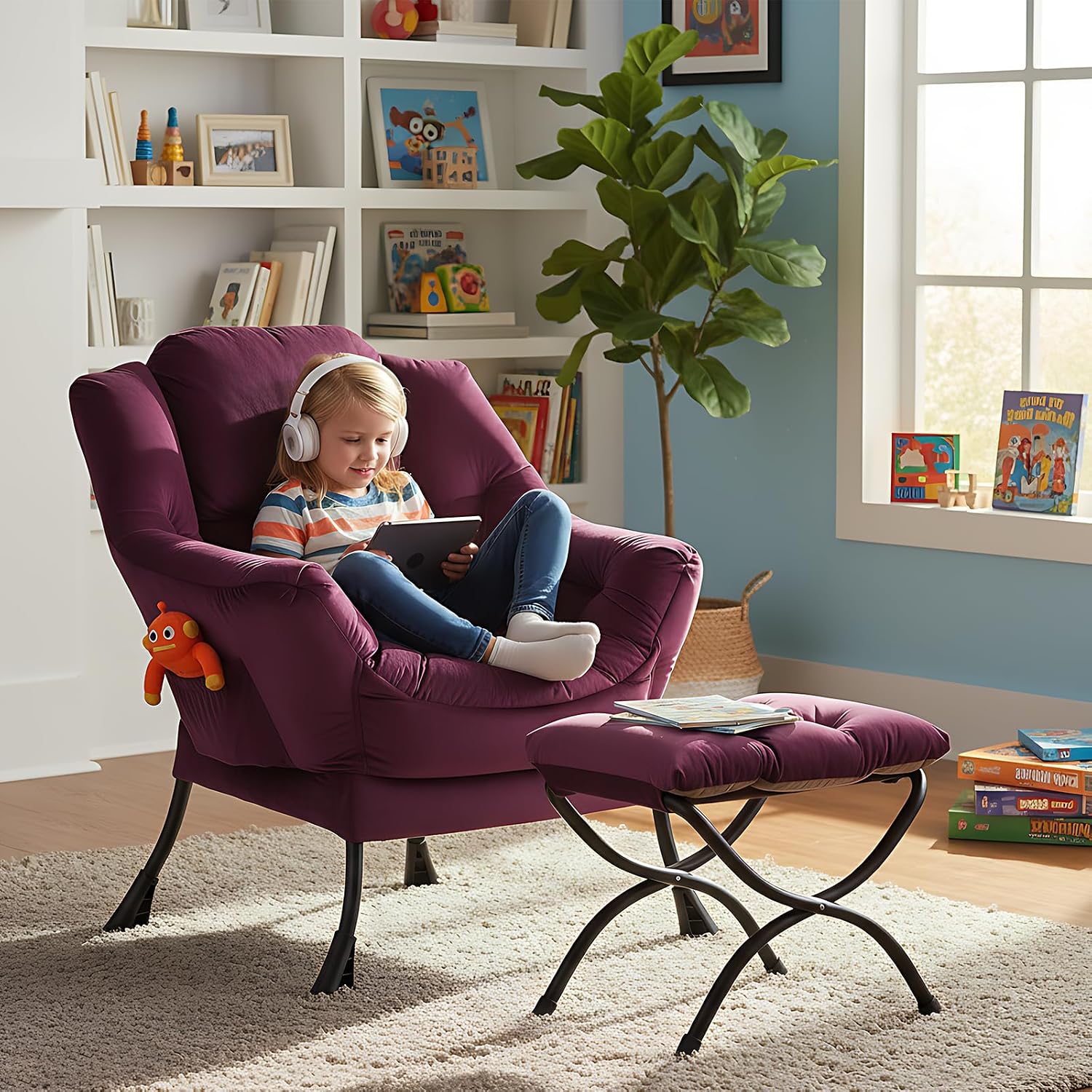 MBOOYOME Lazy Chair with Folding Ottoman, Modern Accent Armchair with Armrests, Side Pocket & Foldable Footstool, Reading Chair for Living Room, Bedroom, Dorm & Office, Velvet Purple