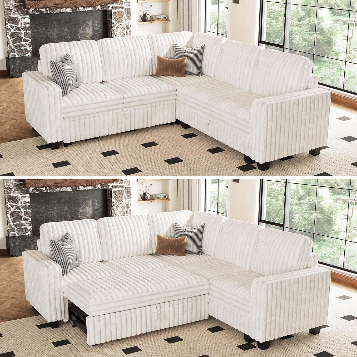 Belffin Corduroy Sectional Sleeper Sofa with Pull Out Bed Modular Sectional Loveseat Sofa Bed for Living Room Beige Couch