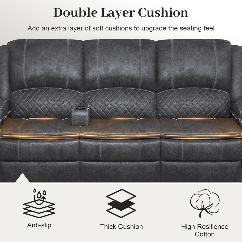 Yolsali 3-Seater Recliner Sofa, Manual Reclining Couch with Multi-Functional Middle Seat, Reclining Sofa for Living Room with Hidden Storage Space, Cup Holders, and Removable Console - Velvet Grey