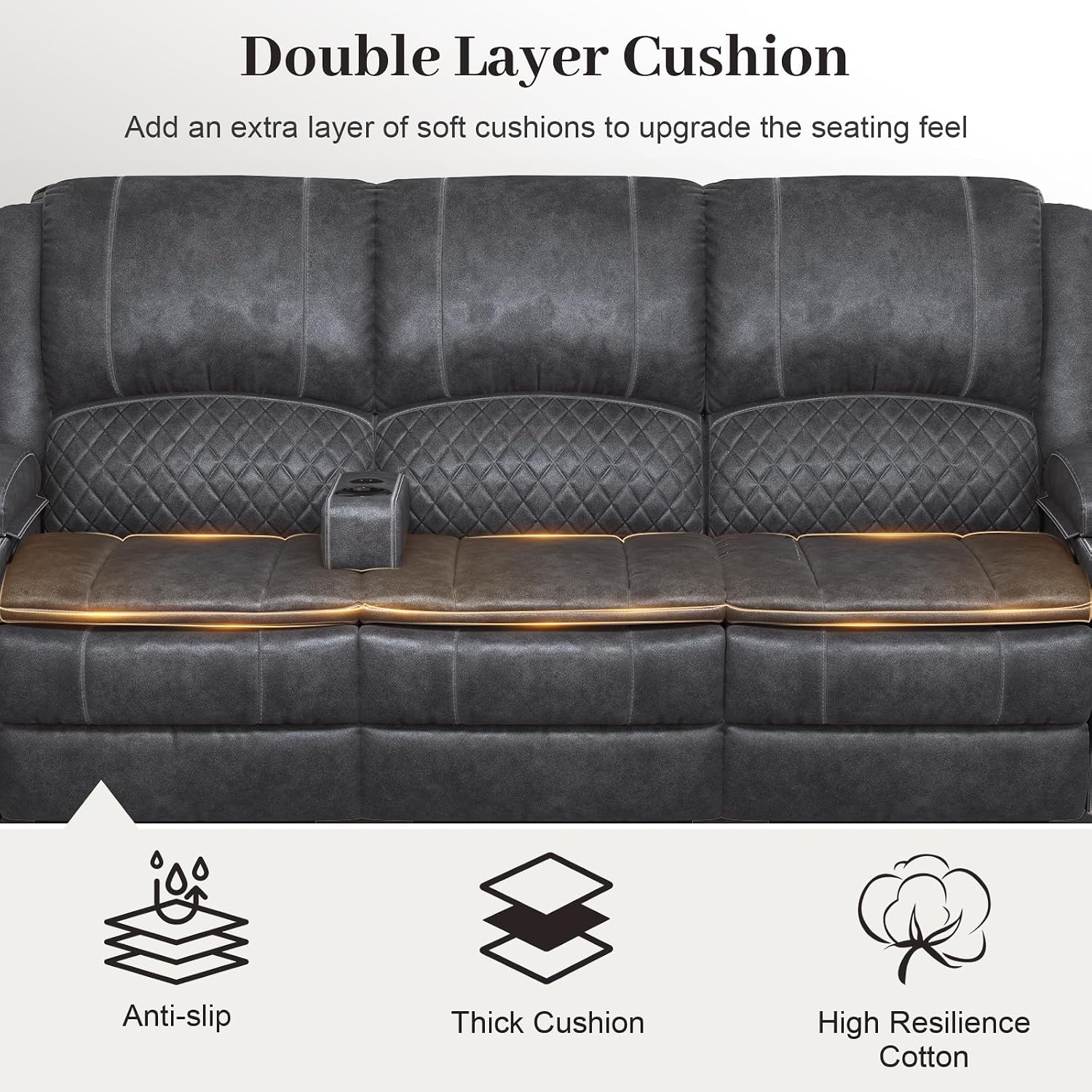 Yolsali 3-Seater Recliner Sofa, Manual Reclining Couch with Multi-Functional Middle Seat, Reclining Sofa for Living Room with Hidden Storage Space, Cup Holders, and Removable Console - Velvet Grey