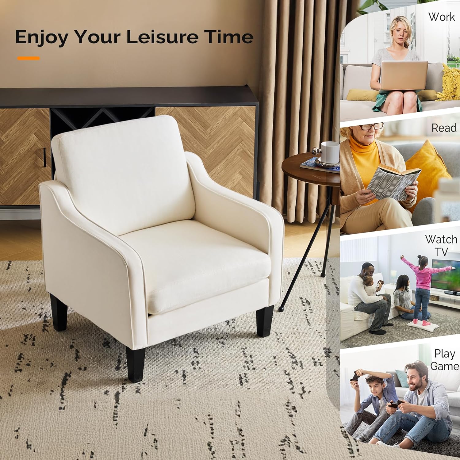 VINGLI Beige Accent Chairs for Living Room, Line Comfy Upholstered Chair Mid Century Modern Armchair for Bedroom, Home Office, Small Spaces, Apartment