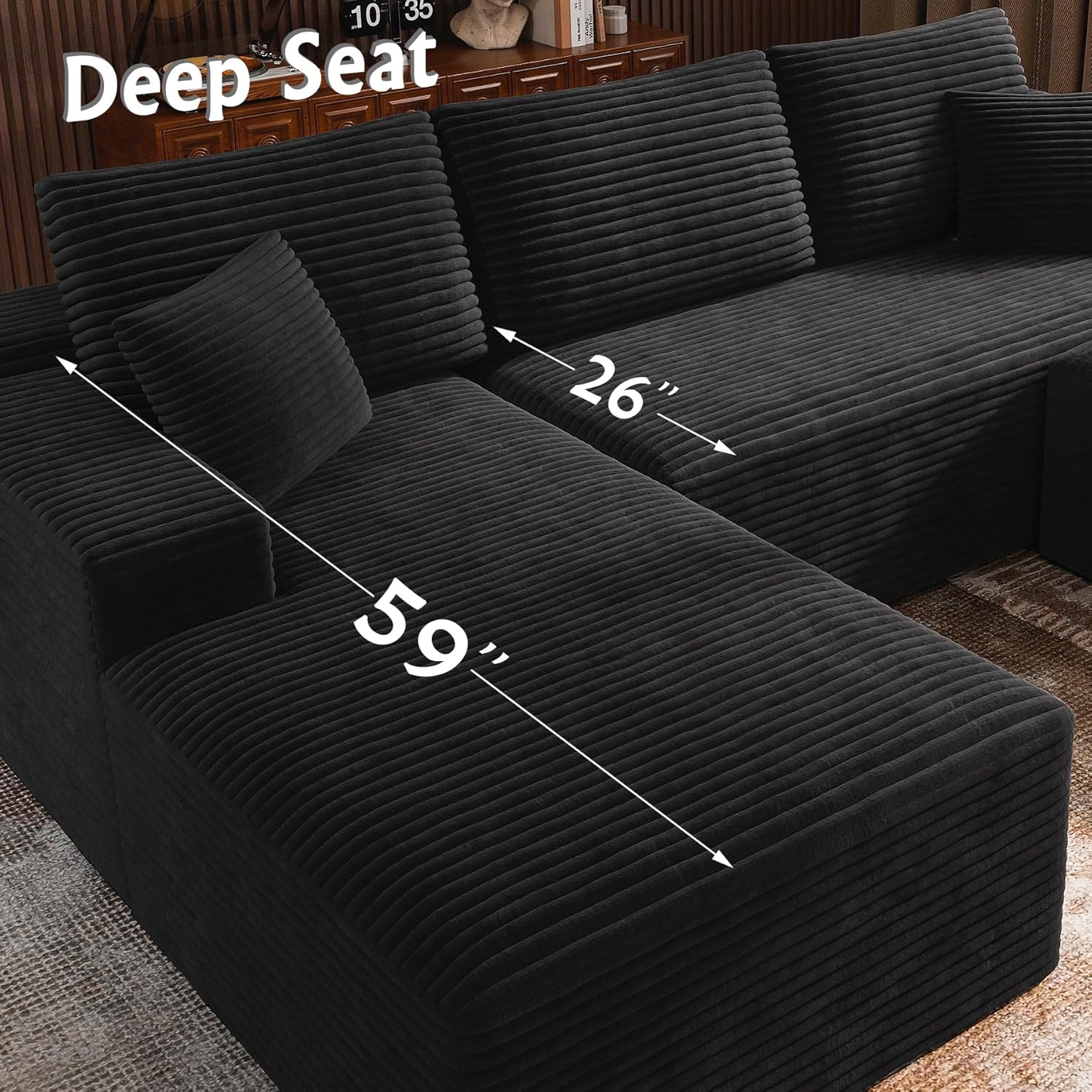 3-Piece Boneless Modular Sectional Sofa, Cloud Couch, Left Facing Chaise with Ottoman, Oversized Deep Seat, Soft Corduroy Fabric, Sectional Couch for Living Room-Black