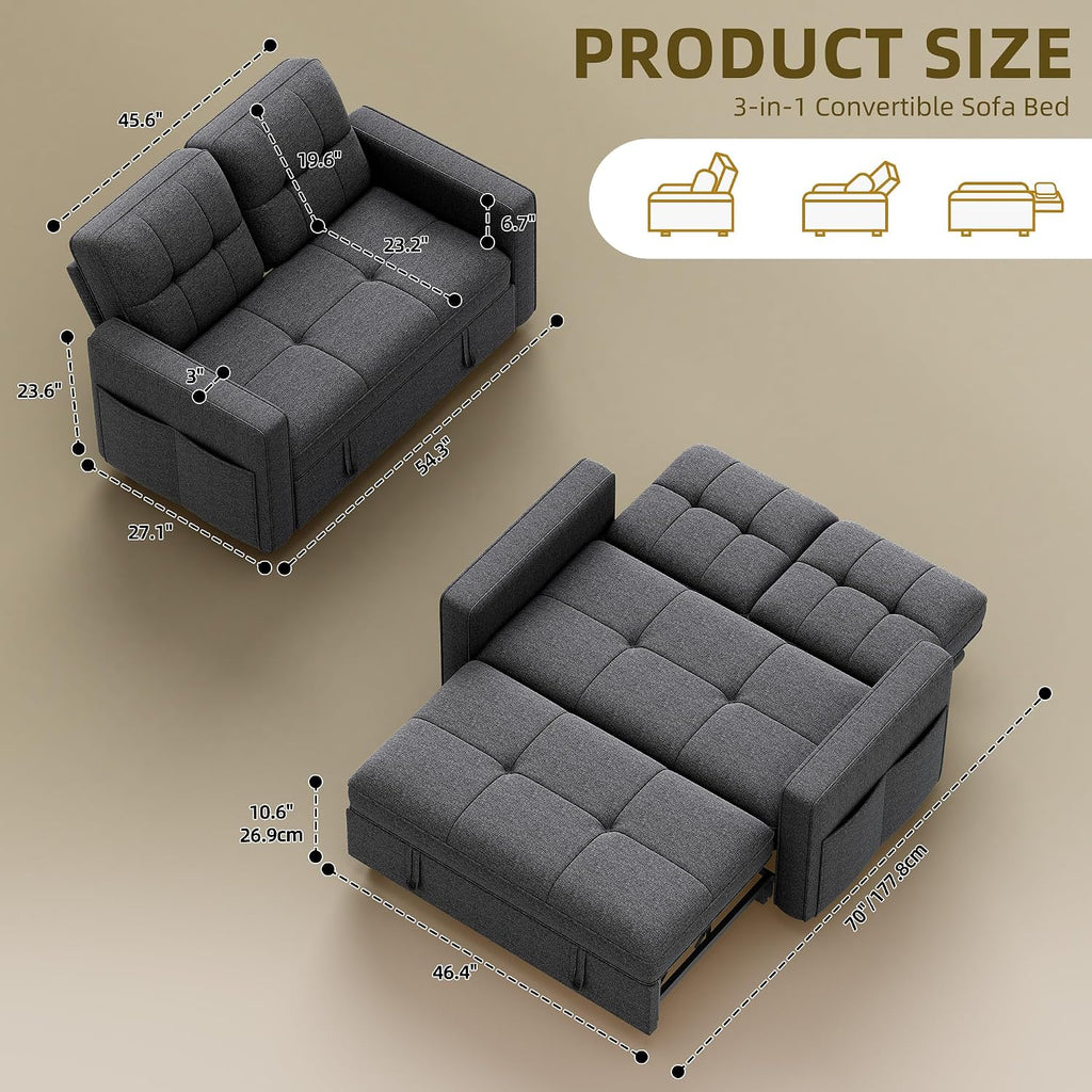 YITAHOME 55' Convertible Sofa Bed, 3-in-1 Pullout Sofa, Linen Sleeper Sofa with Reclining Backrest and Side Pocket, Modern Futon Couch for Living Room Bedroom Apartment, Grey