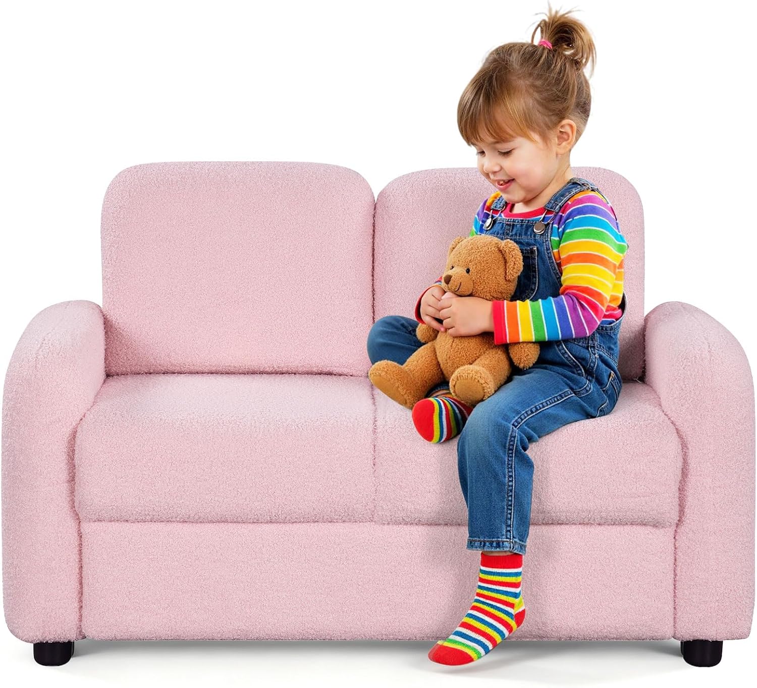 Costzon Kids Couch, 2 Seat Toddler Armrest Chair w/Teddy Fleece Upholstery & Solid Wooden Frame, Double Seat Children's Sofa for Preschool, Bedroom, Playroom, Daycare, Ideal Gift for Girls Boys