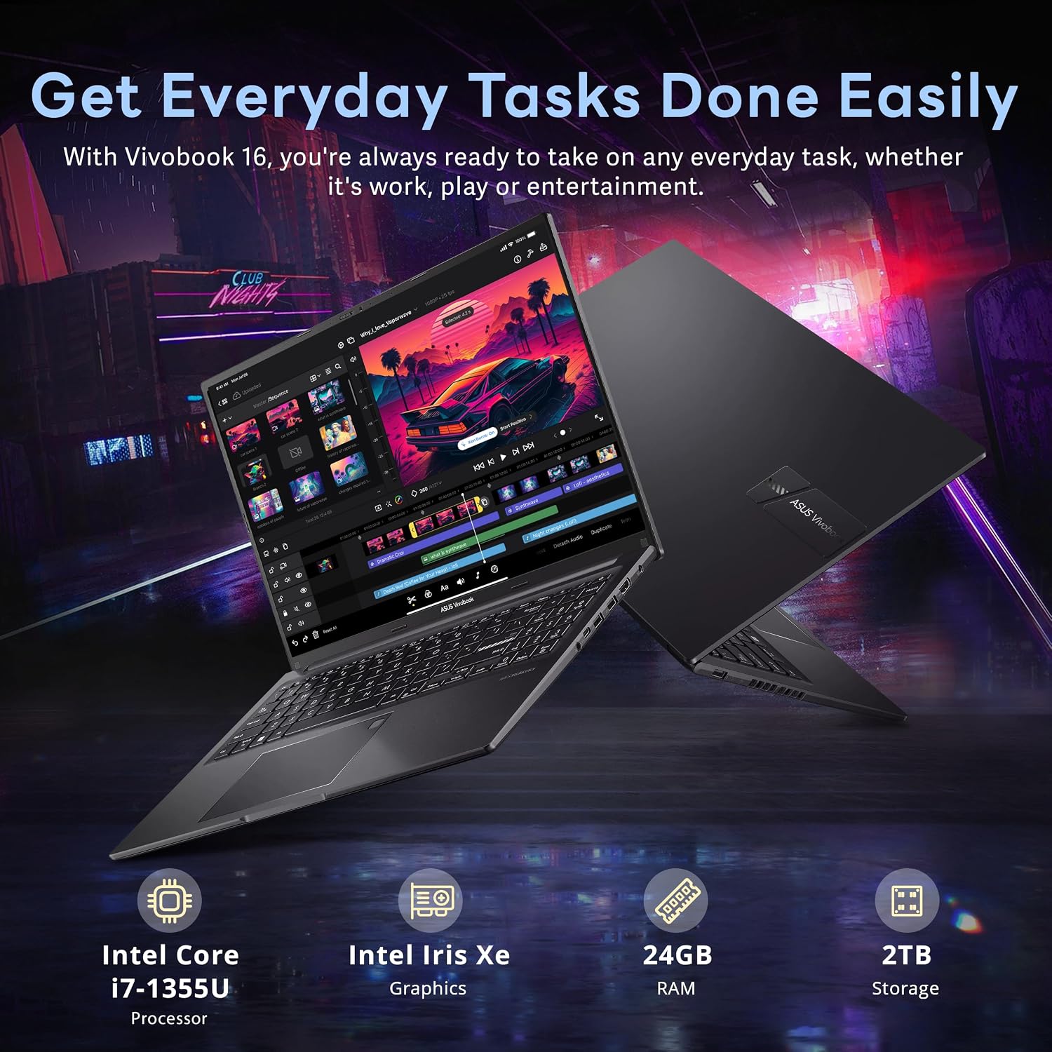 ASUS Vivobook 16' WUXGA Laptop, Intel Core i7-1355U, 24GB RAM, 2TB Storage(1TB SSD+1TB Docking Station Set), Iris Xe Graphics, Backlit Keyboard, Number Pad, Fingerprint, Webcam, Win 11, Black