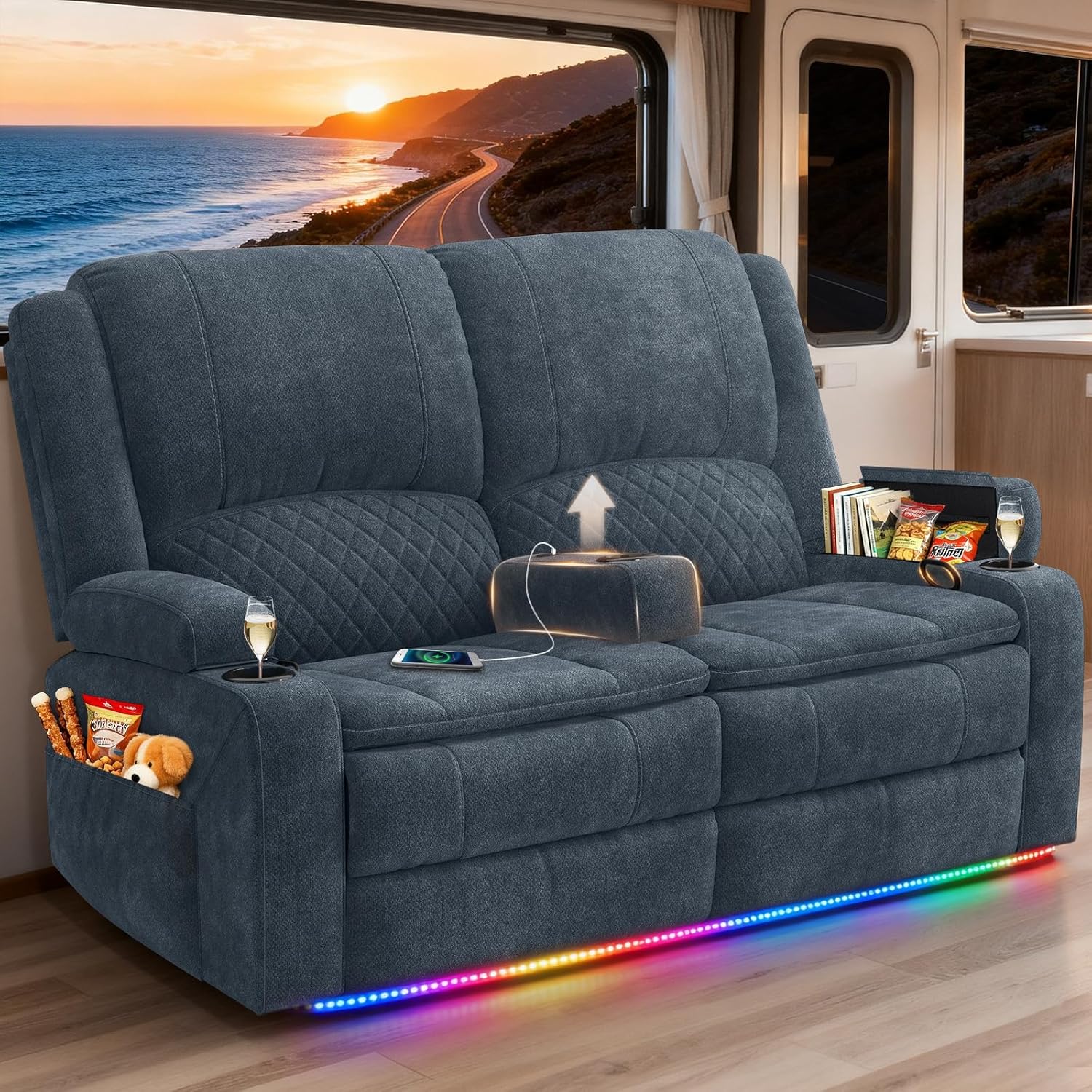 RV Loveseat Recliner Wall Hugger, Manual RV Reclining Loveseat with Removable Armrest, 3X Adjustable Theater Wall Hugger Loveseat Recliners with USB Ports, Cup Holders, Multi-Storage (Fabric,Blue)