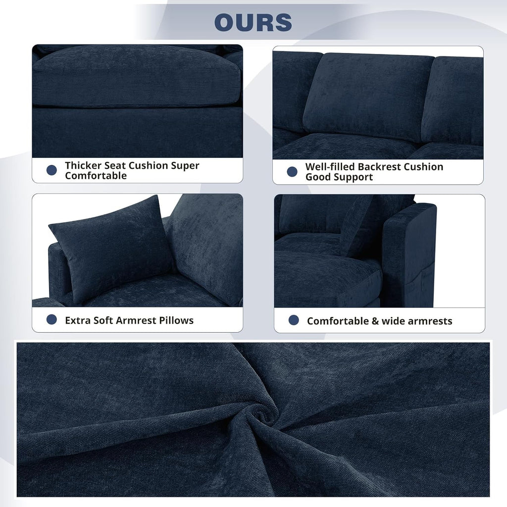 84' Chenille 3-Seats Sofa W/Movable Ottoman, Modern Fabric L-Shaped Couch w/Soft Backrests, Upholstered Sectional Sofa w/Arm Pillows for Living Room, Office, Blue
