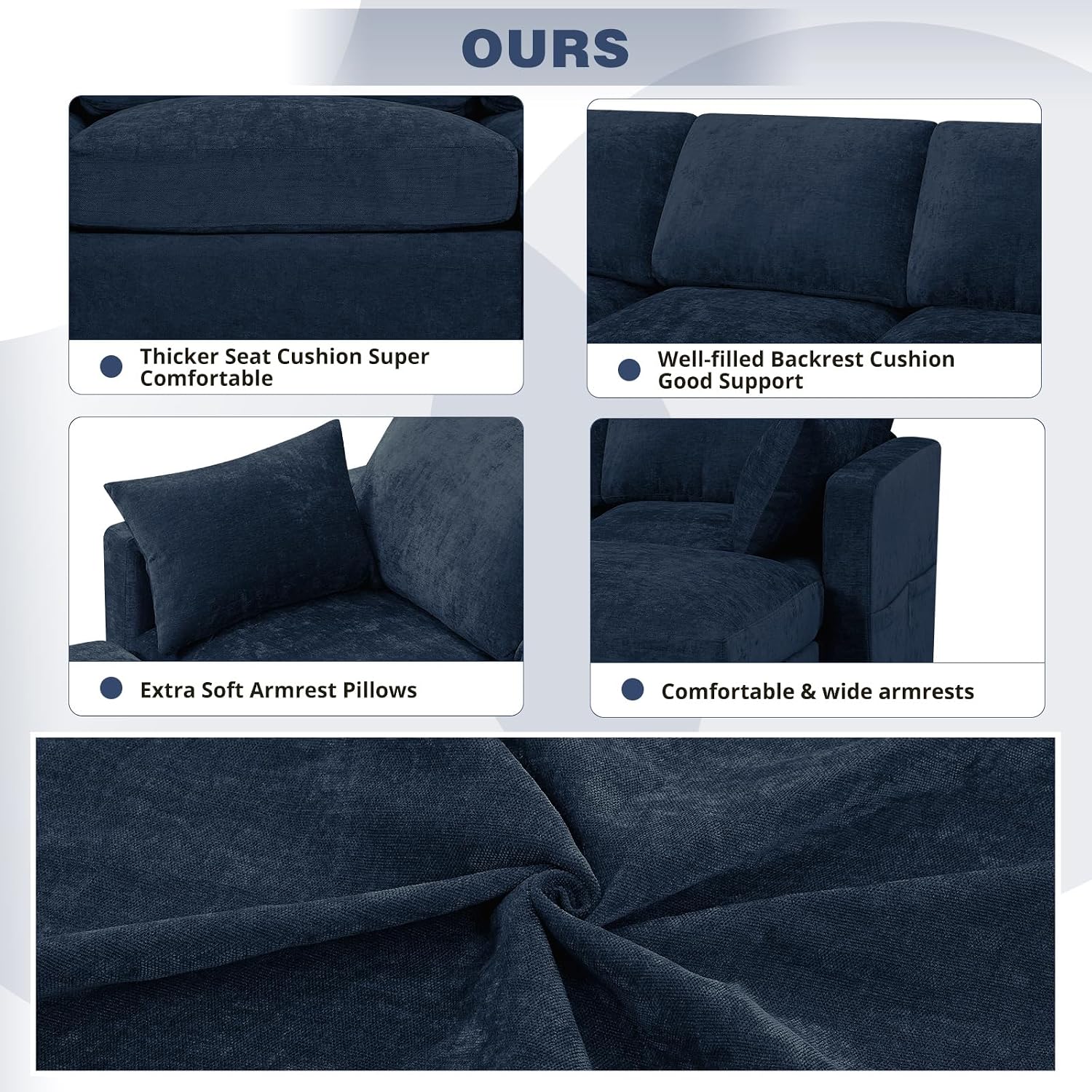 84' Chenille 3-Seats Sofa W/Movable Ottoman, Modern Fabric L-Shaped Couch w/Soft Backrests, Upholstered Sectional Sofa w/Arm Pillows for Living Room, Office, Blue