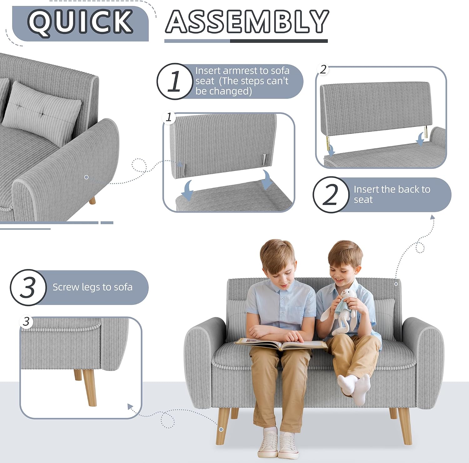 Shintenchi 48'' Loveseat Sofa, Mid-Century Modern Upholstered Couch Deep Seat with 2 Pillows, 10' Thick Cushion with Spring, Solid Wood Frame Small Couch for Living Room, Dorms & Office, Light Grey