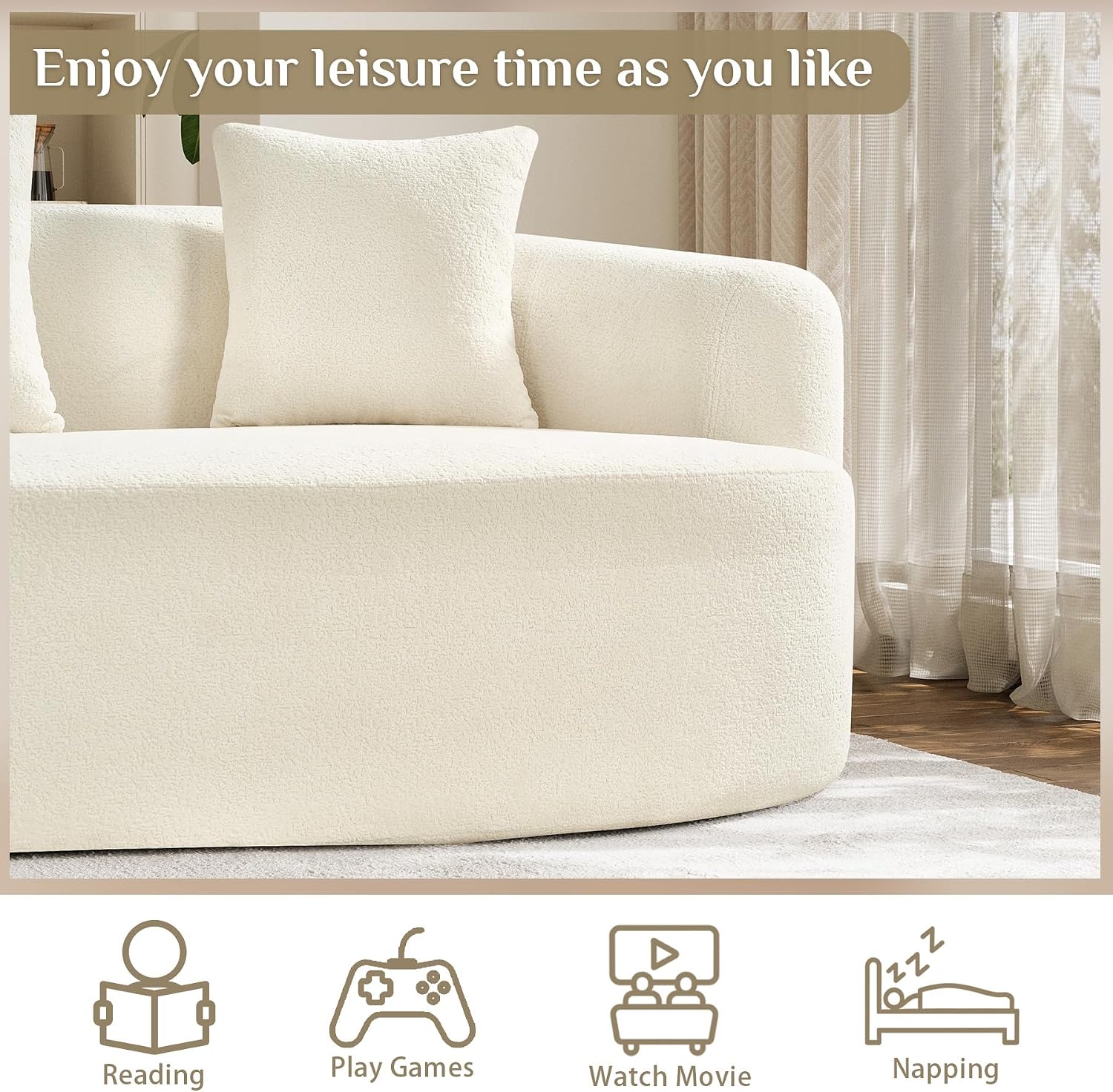 131' Oversized Sectional Sofa for Living Room, Modern Luxury Plush Chenille 4-Seater Extra Deep & Wide Seat Curved Cloud Couch with 4 Throw Pillows, No Assembly Needed, Cream White